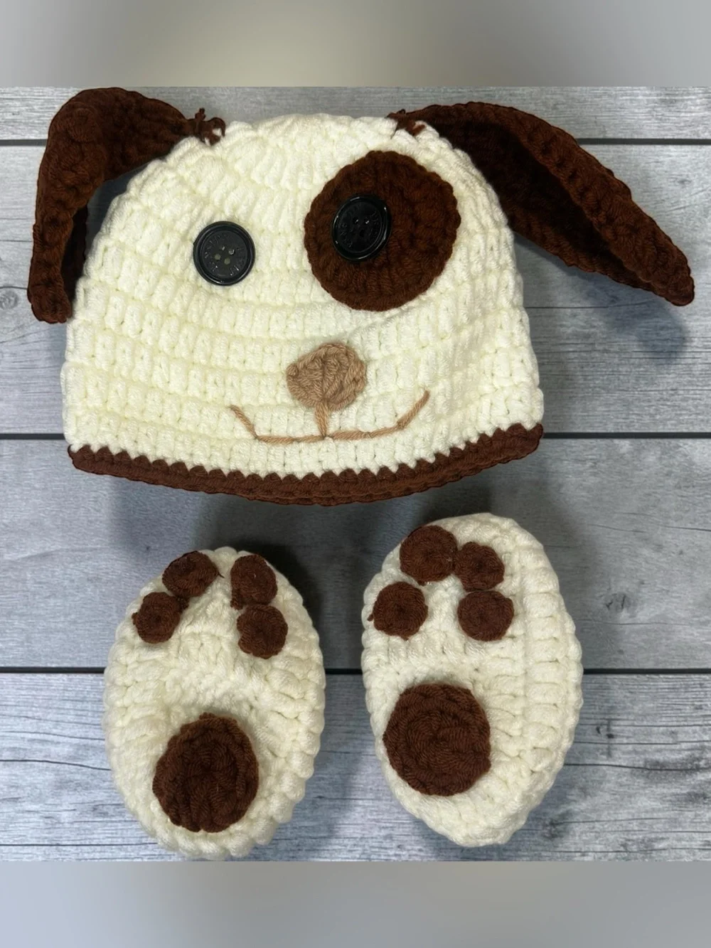 Handmade Crochet Newborn Puppy Dog Hat Booties Set Photo Prop Baby Costume